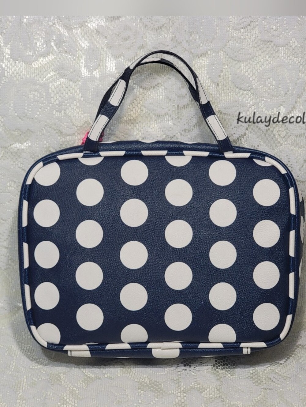 Dabney Lee Navy Blue White Polka Dot Cosmetic Travel Large Toiletry Bag Zip Tote - Picture 5 of 16